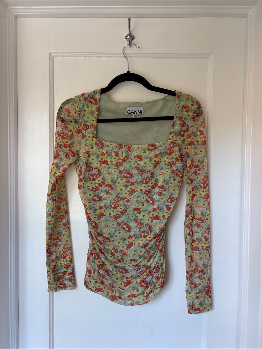 Ganni Pale Yellow Floral Square-Neck Long Sleeve Top with Red & Green Print
